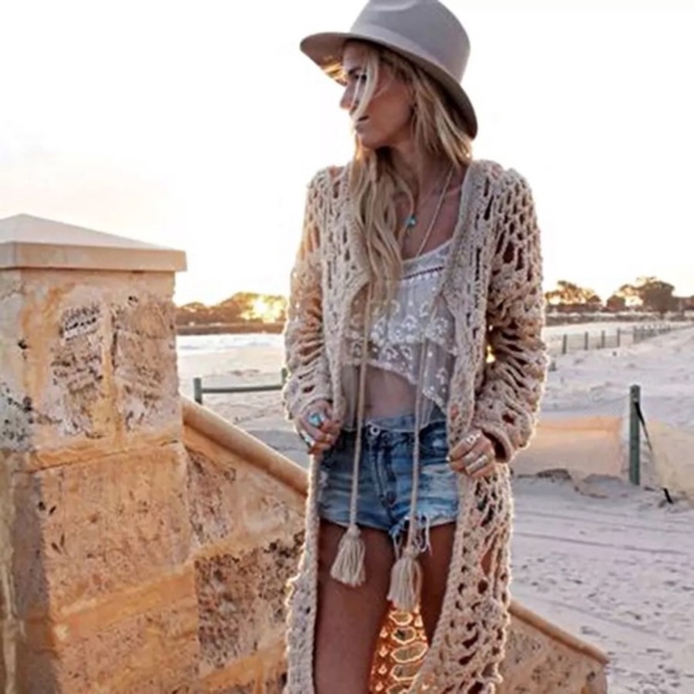 SOLD OUT Khaki Bohemian Hand Knit Tassel Open Crochet Knit Cardigan Sweater - Picture 3 of 7